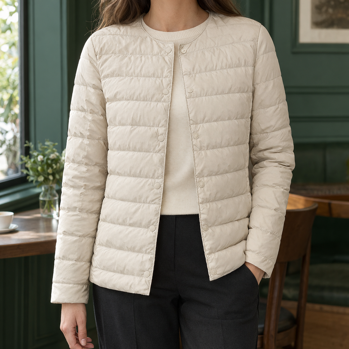 Quilted Jacket White Duck Down Filled Slim Hip-Length with Snap Front