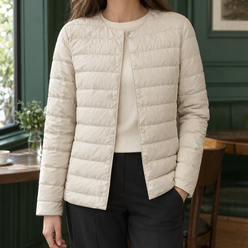 Quilted Jacket White Duck Down Filled Slim Hip-Length with Snap Front