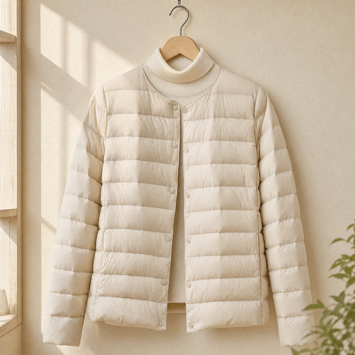 Quilted Jacket Cashmere-Feel with Round Neckline and Tonal Snap Front