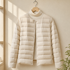 Quilted Jacket Cashmere-Feel with Round Neckline and Tonal Snap Front
