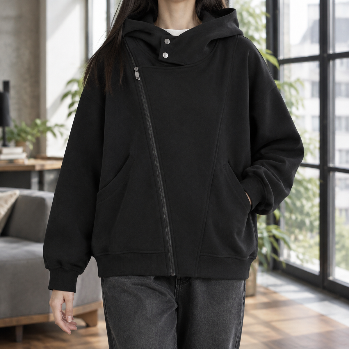 Asymmetric Zip Hoodie with High Snap Collar