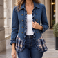 Denim Jacket Fitted with Ruffled Front and Plaid Flared Side Panels