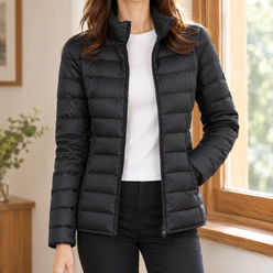 Quilted Jacket Polyester Lightweight with Stand Collar and Full Zip