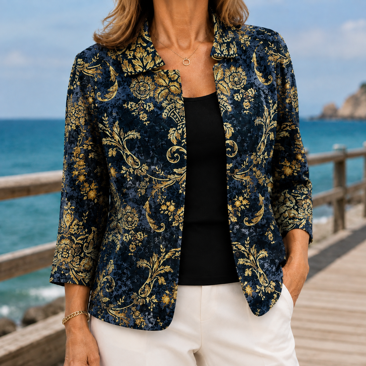 Jacket Polyester Baroque Gold Scrollwork with Open Front