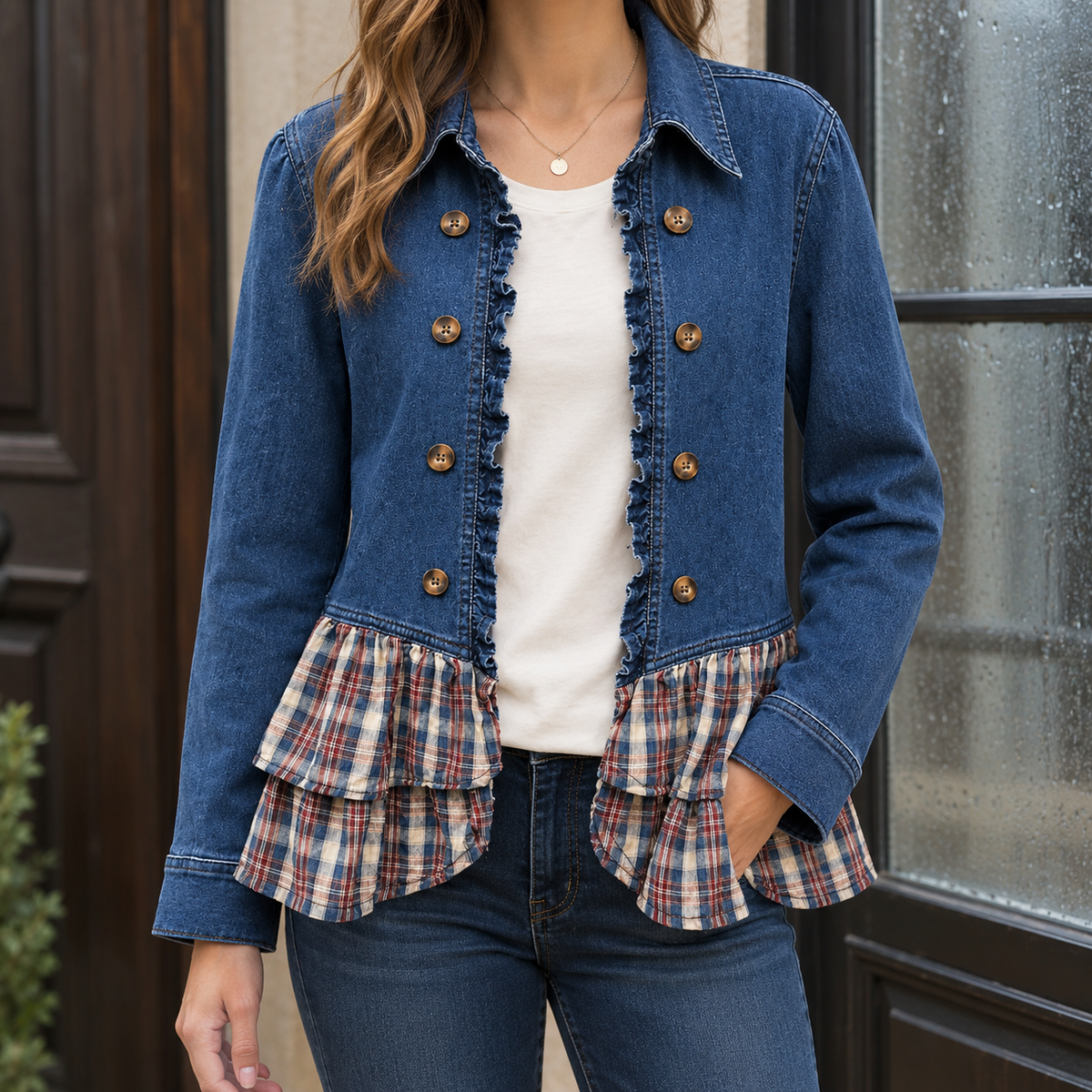 Jacket Polyester Cropped with Plaid Ruffle Hem and Pointed Collar