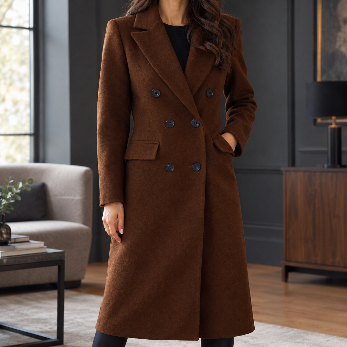 Coat Cashmere-Feel Brushed Polyester Double-Breasted Long Tailored