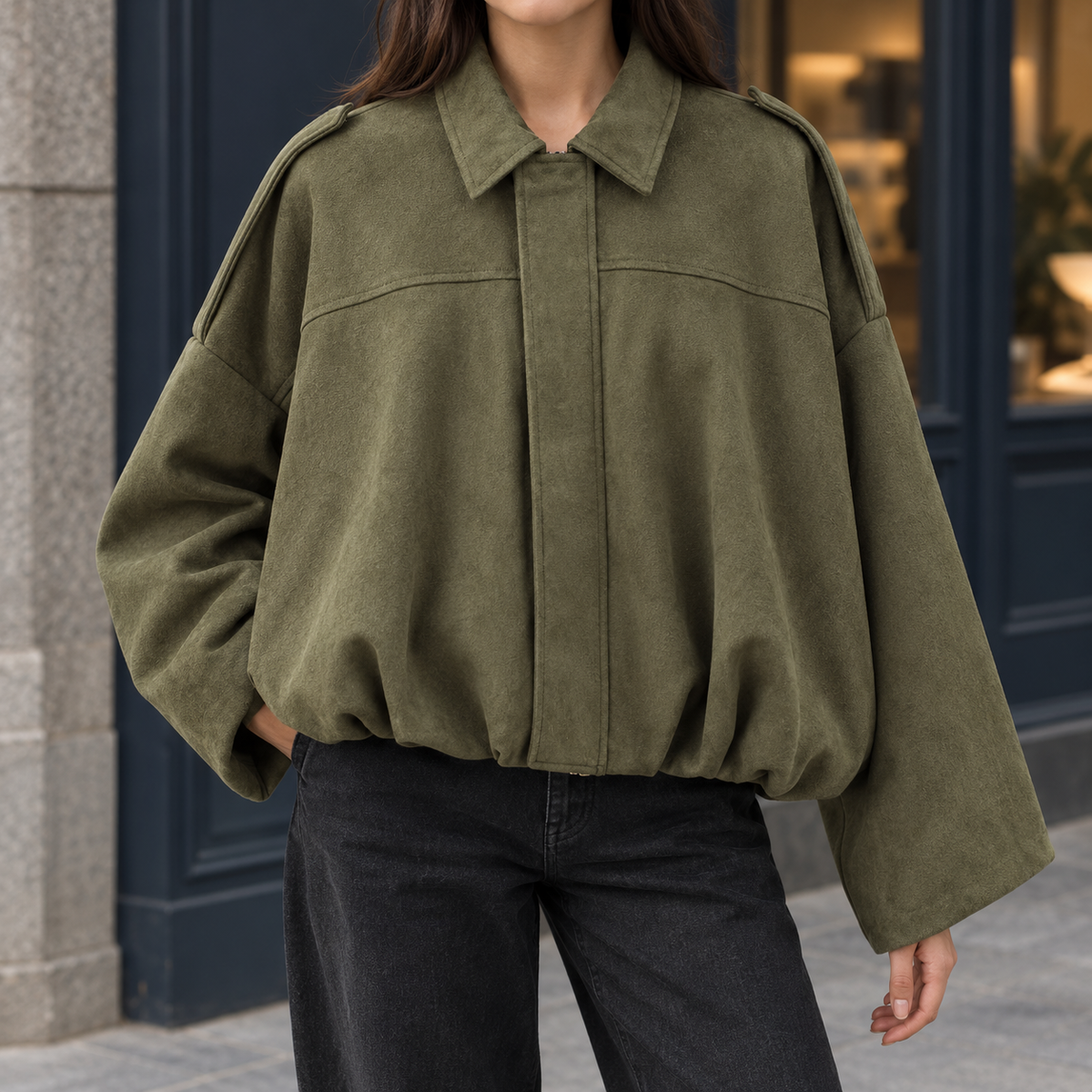 Bomber Jacket Faux Suede with Batwing Sleeves and Gathered Bubble Hem