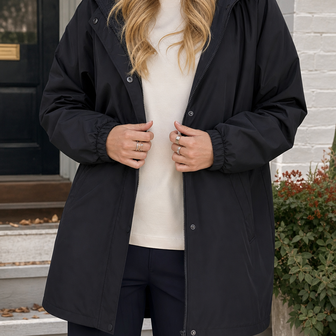Hooded Jacket Polyester with Zip-and-Snap Front and Drawstring Waist