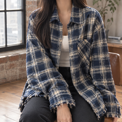 Overshirt Jacket Cotton Blend Plaid Oversized with Distressed Edges