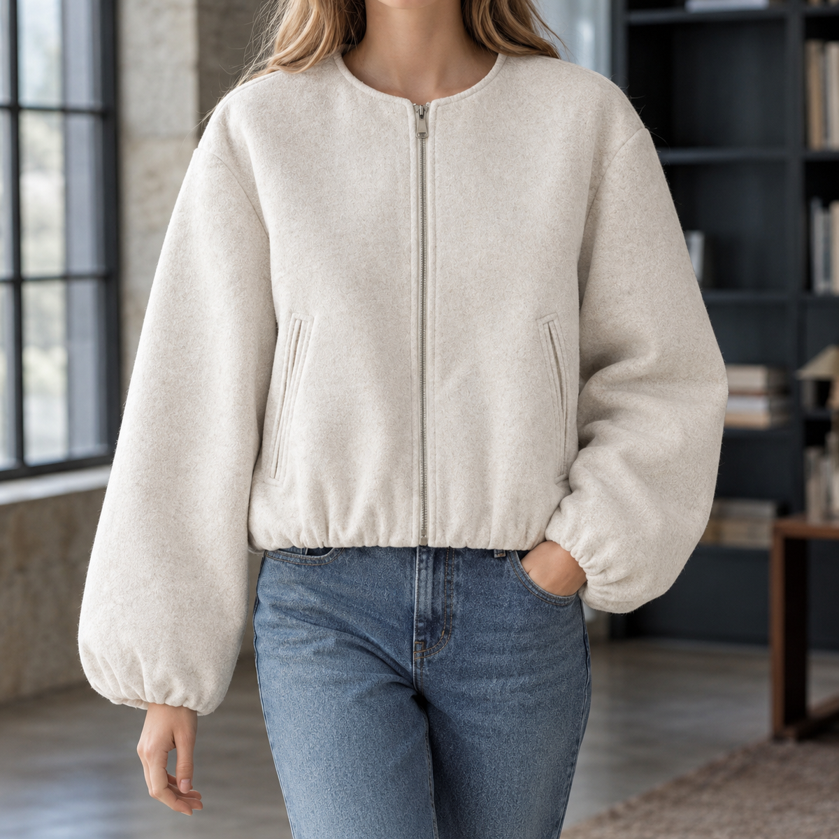 Jacket Polyester Cropped with Balloon Sleeves and Full Zip