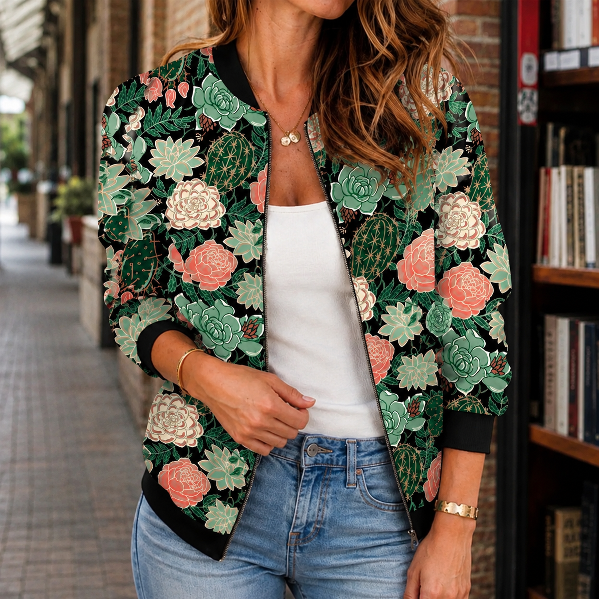 Jacket Polyester Printed Relaxed Hip-Length with Open Zip Front