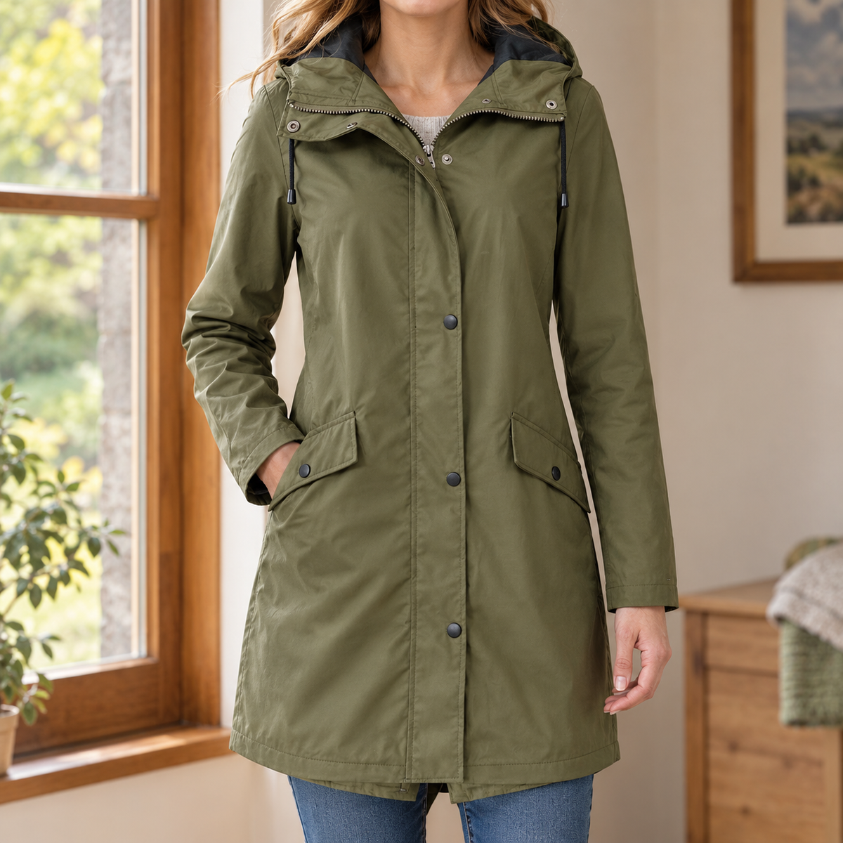 Hooded Jacket Polyester Mid-Length with Concealed Zip and Snap Front