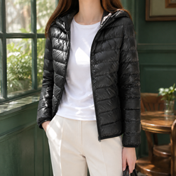 Hooded Jacket Cashmere-Feel Slim with White Duck Down and Full Zip