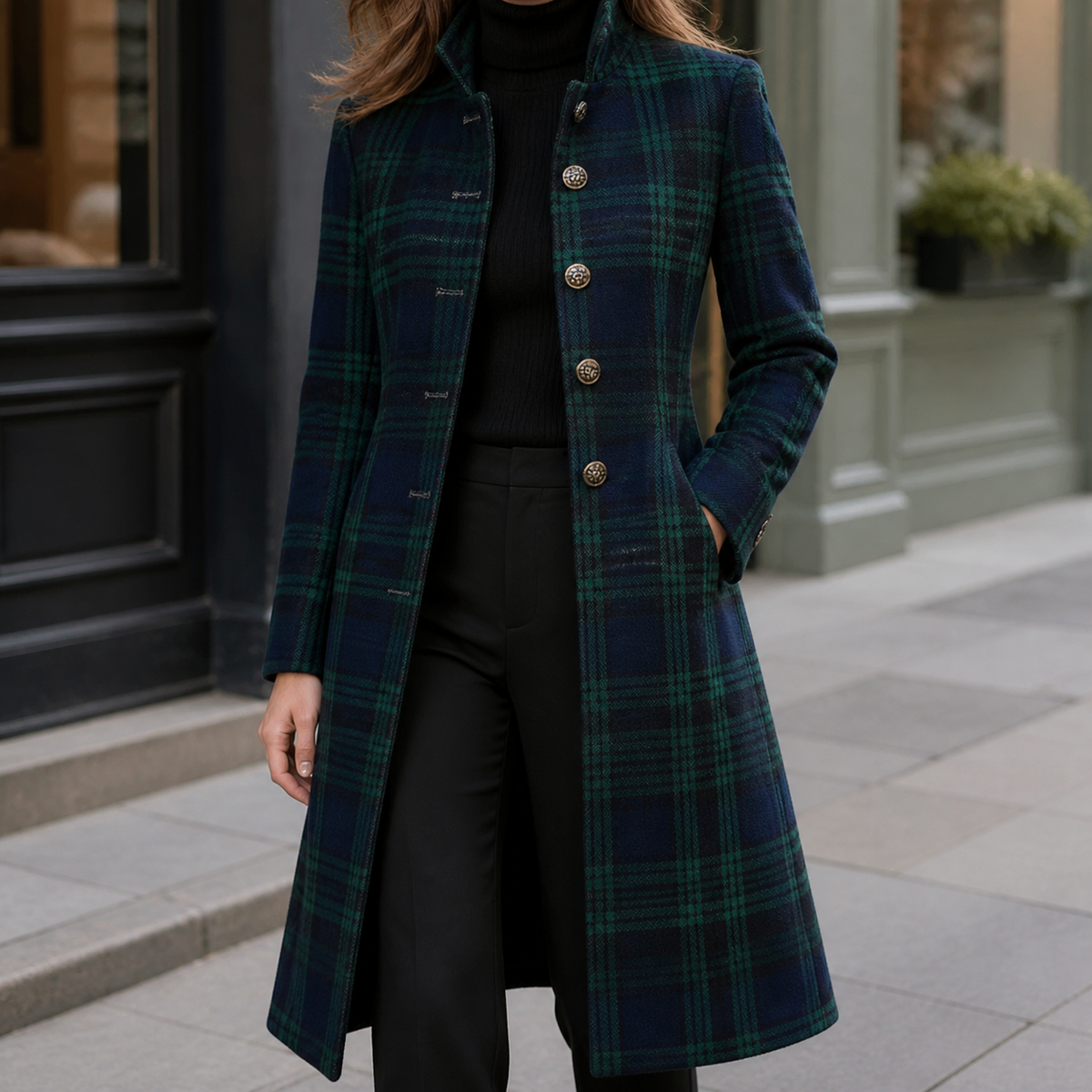 Coat Wool Blend Tartan Longline with Stand Collar and Button Front