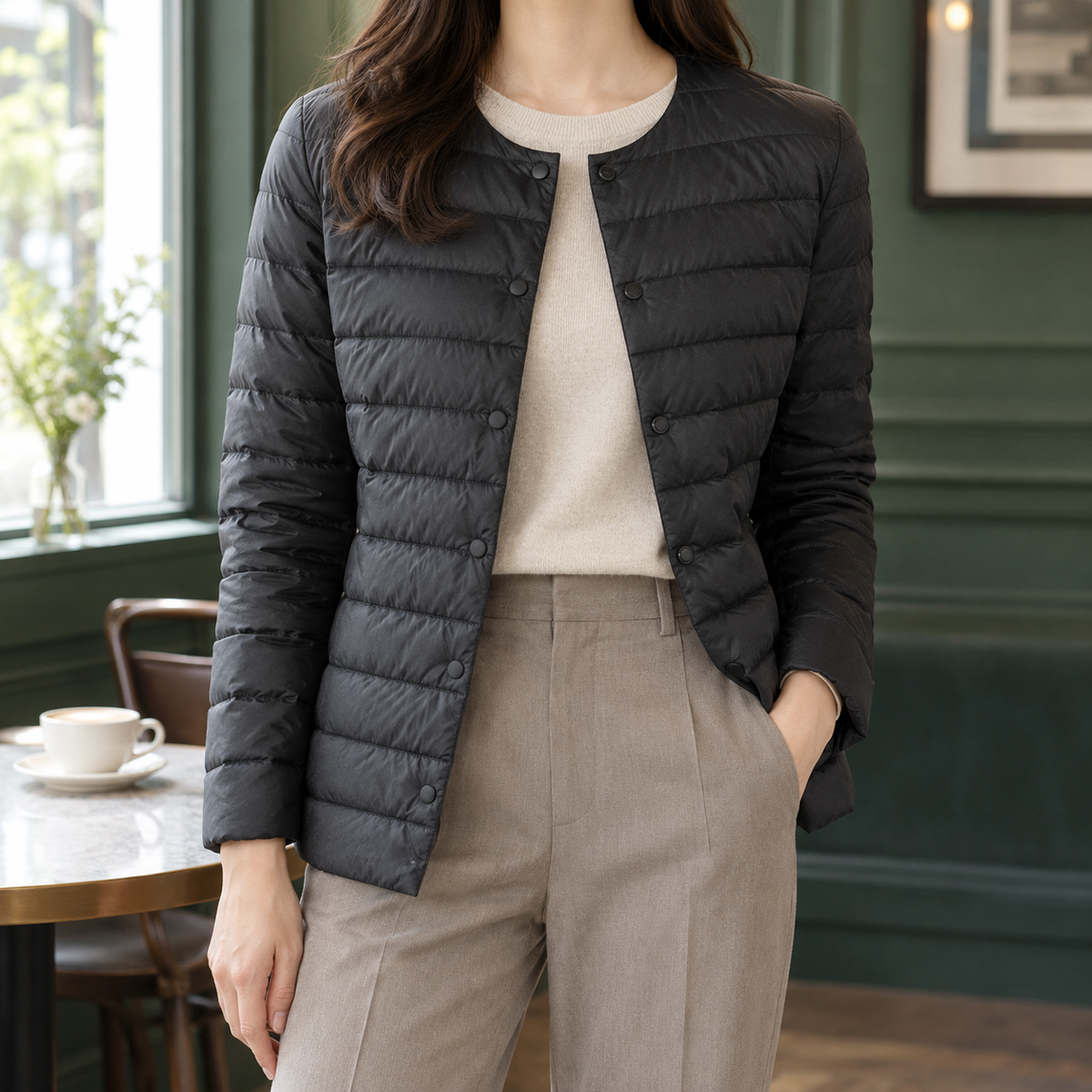 Quilted Jacket Lightweight Down Fill Slim with Collarless Neckline