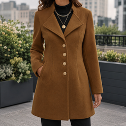 Coat Wool Mid-Length with Wide Notched Collar and Gold-Tone Buttons