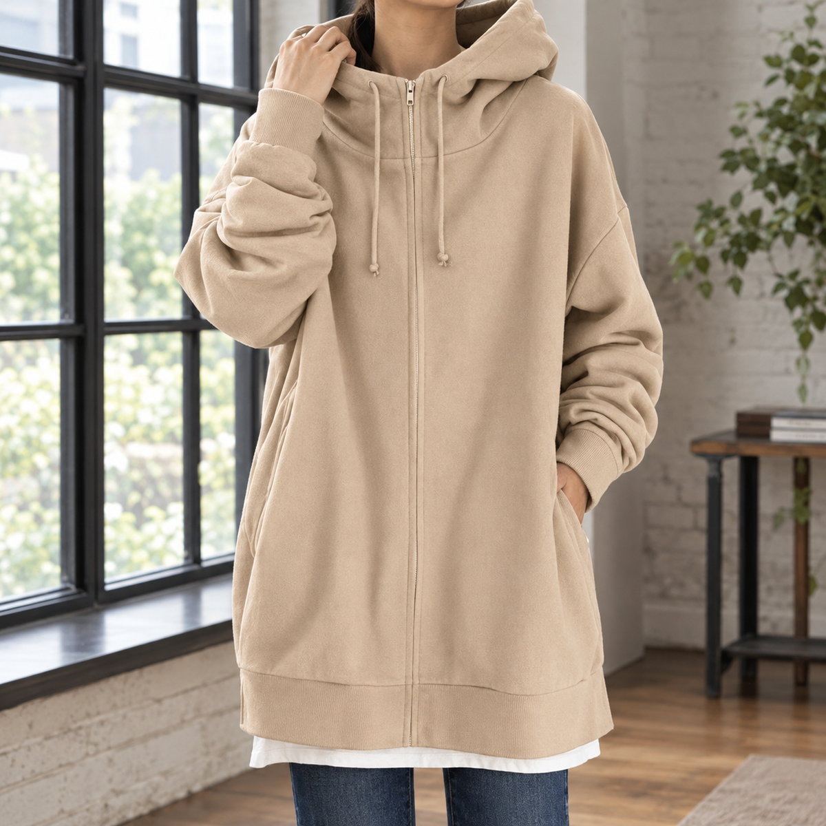 Oversized Fleece Zip Hoodie, Thigh Length