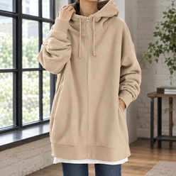 Oversized Fleece Zip Hoodie, Thigh Length