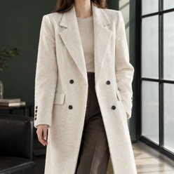 Coat Wool Blend Double-Breasted Long Straight with Wide Lapels