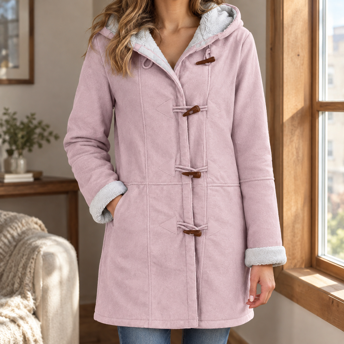 Jacket Polyester Toggle Front with Plush-Lined Hood and Pockets