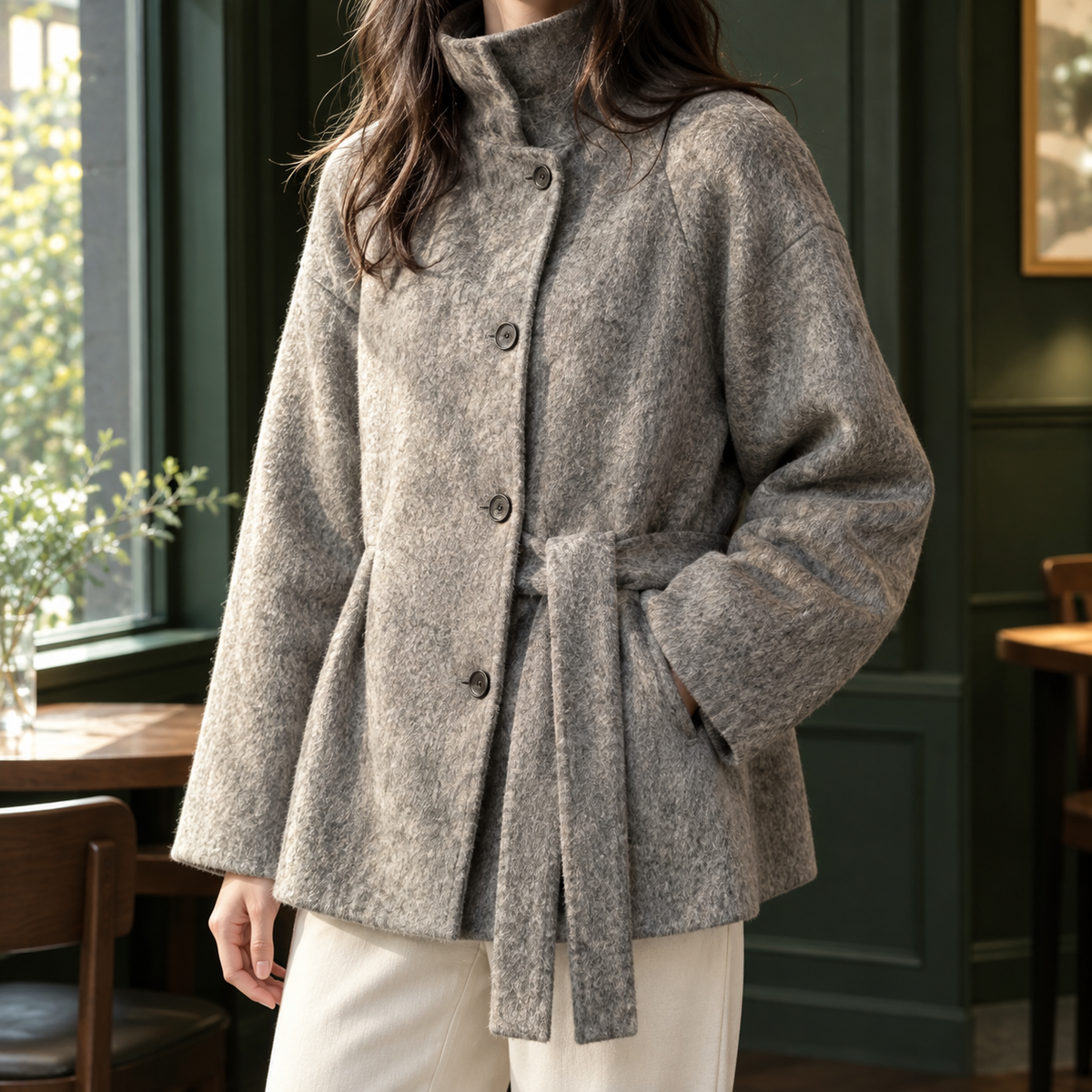 Jacket Cashmere-Feel Brushed Polyester with Stand Collar and Belt