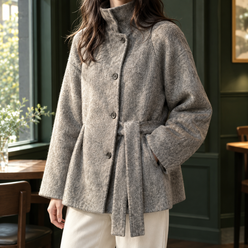 Jacket Cashmere-Feel Brushed Polyester with Stand Collar and Belt