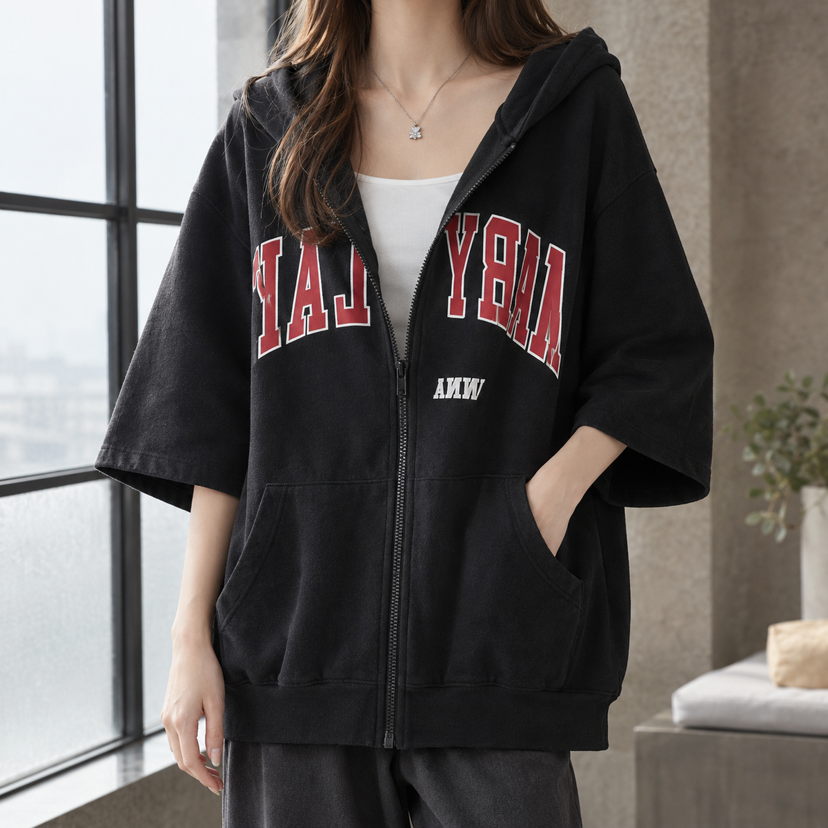 Cotton-Blend Zip Hoodie with Elbow-Length Sleeves