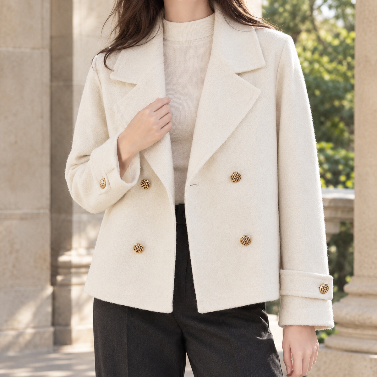 Jacket Wool Double-Breasted Cropped Relaxed with Buttoned Cuff Straps