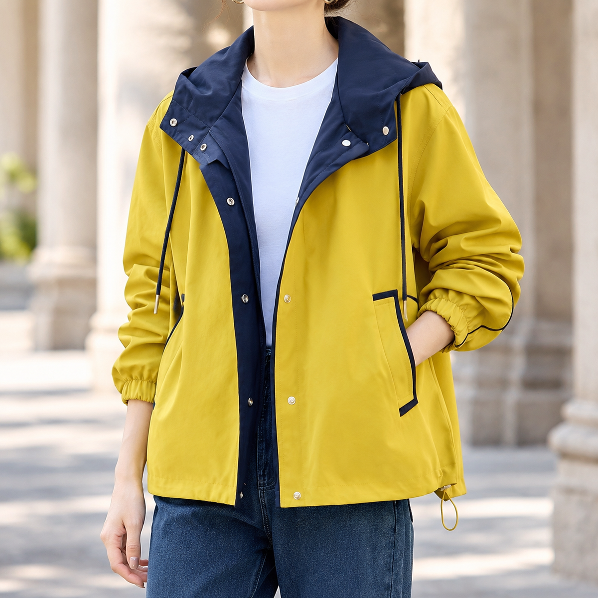 Jacket Polyester Colourblock Hooded with Snap Front and Drawcord Hem