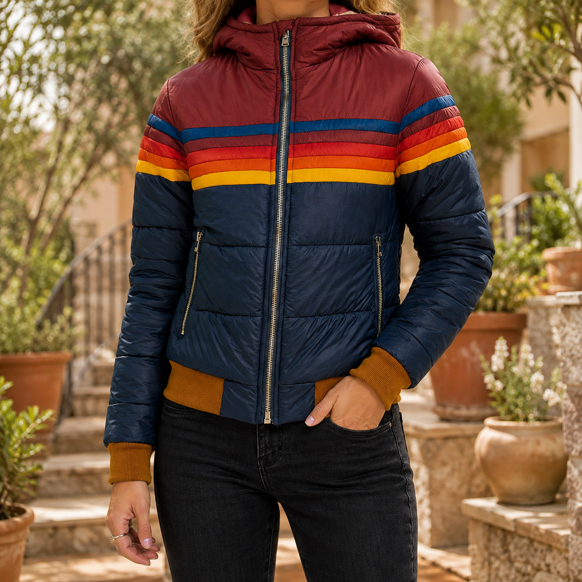 Quilted Colourblock Jacket Polyester with Hood and Zipped Pockets