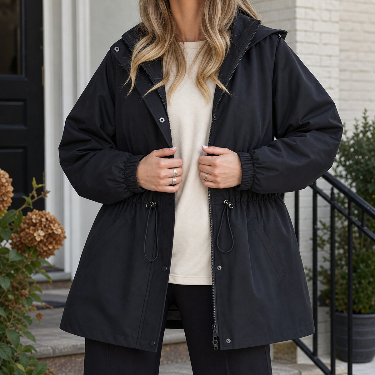 Hooded Jacket Polyester with Zip-and-Snap Front and Drawstring Waist