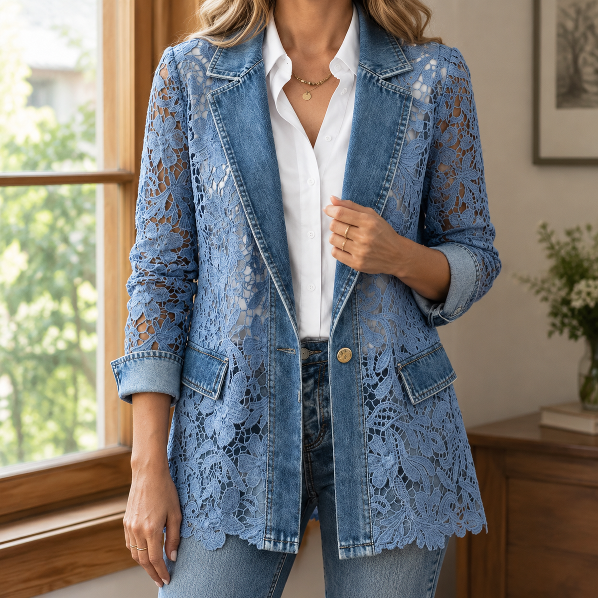 Denim Jacket Lace Panel with Notched Lapels and Scalloped Edging