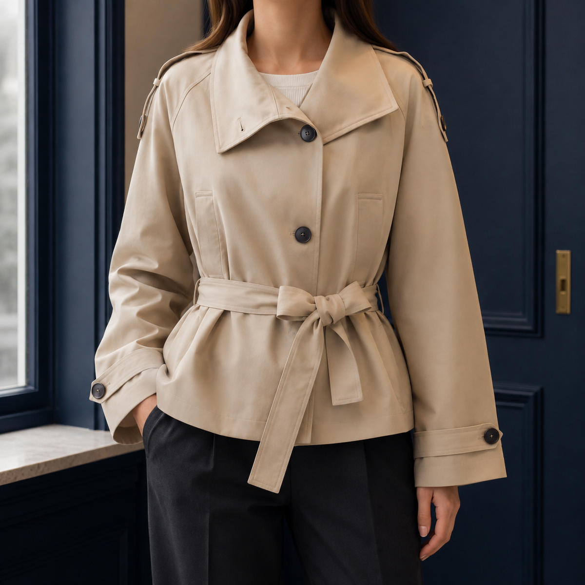 Trench Jacket Polyester Short with Storm Flap Collar and Tie Belt