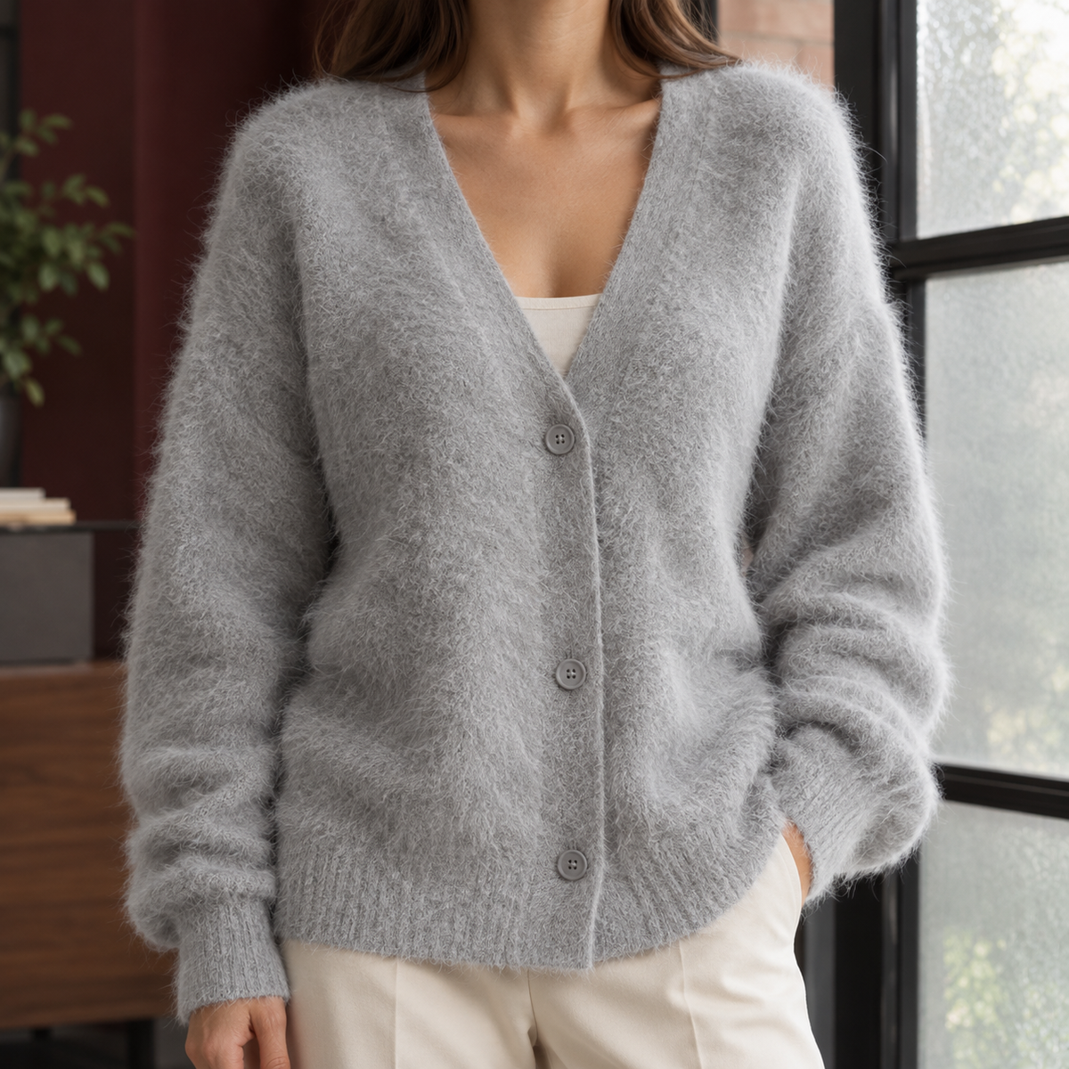 Oversized Wool-Blend V-Neck Cardigan