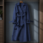 Overcoat Polyester Double-Breasted Long Flared with Buckled Belt