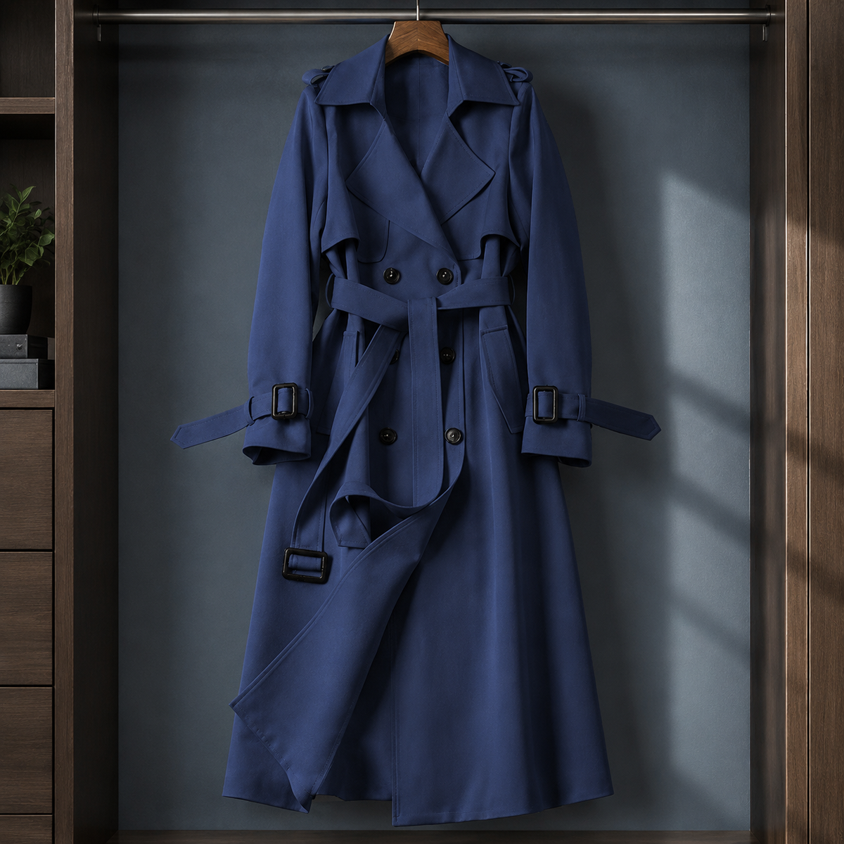 Overcoat Polyester Double-Breasted Long Flared with Buckled Belt