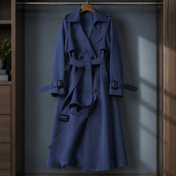 Overcoat Polyester Double-Breasted Long Flared with Buckled Belt