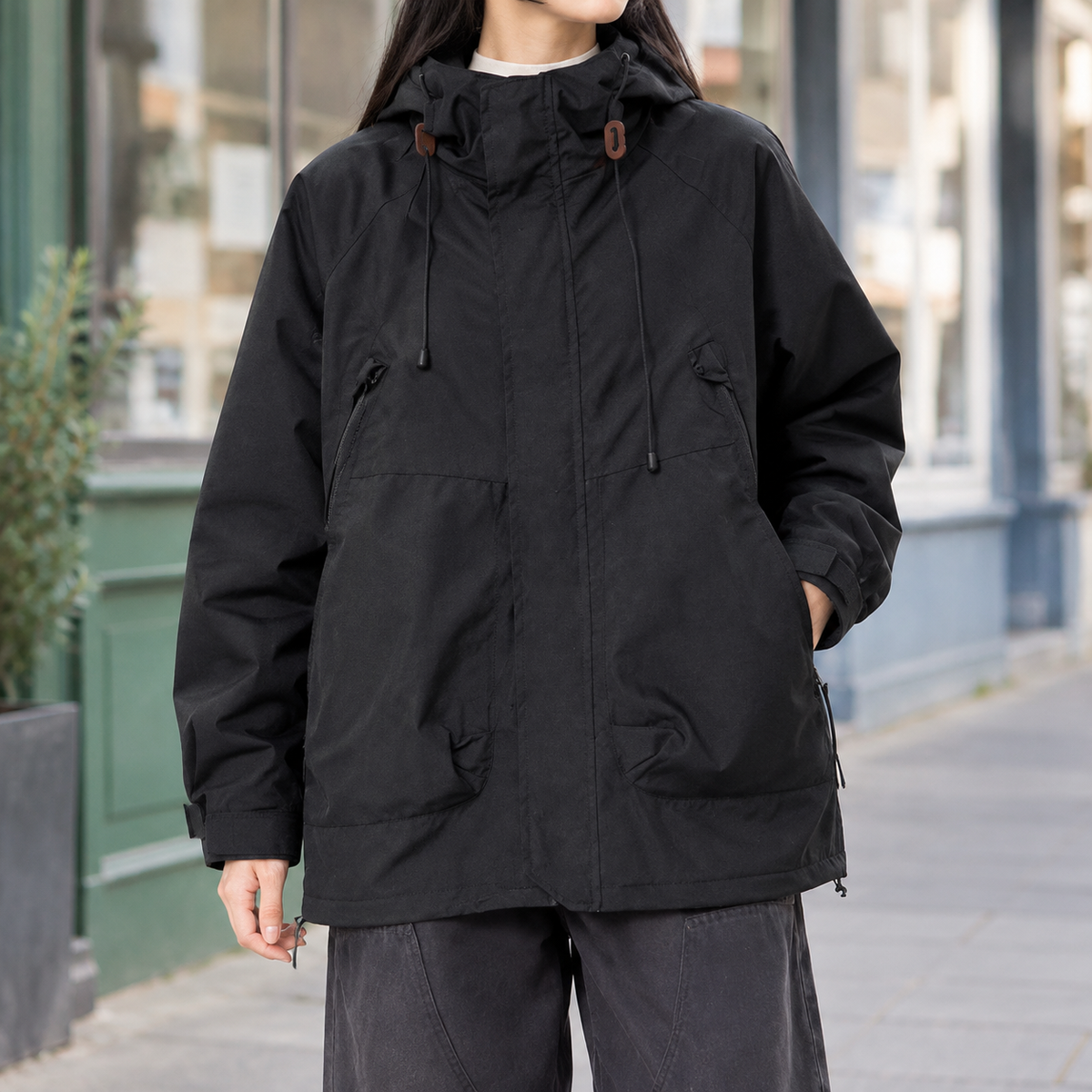 Utility Jacket Polyester Hooded Relaxed with Concealed Zip and Pockets