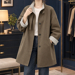 Overcoat Polyester A-Line Mid-Thigh with Checked Collar and Cuffs