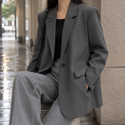 Blazer Polyester Relaxed Longline with Notched Lapels, Single Button
