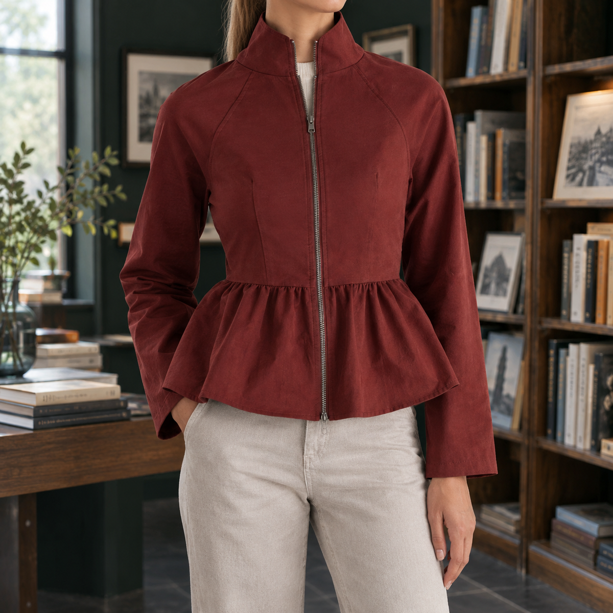 Peplum Jacket Polyester Fitted with High Collar and Gathered Hem