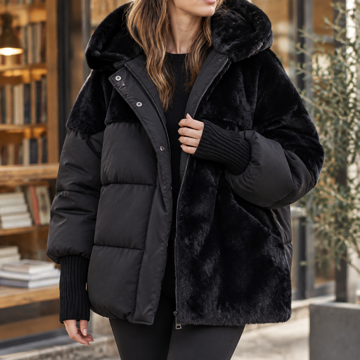 Panelled Jacket Cotton Blend with Plush and Quilted Panels and Hood