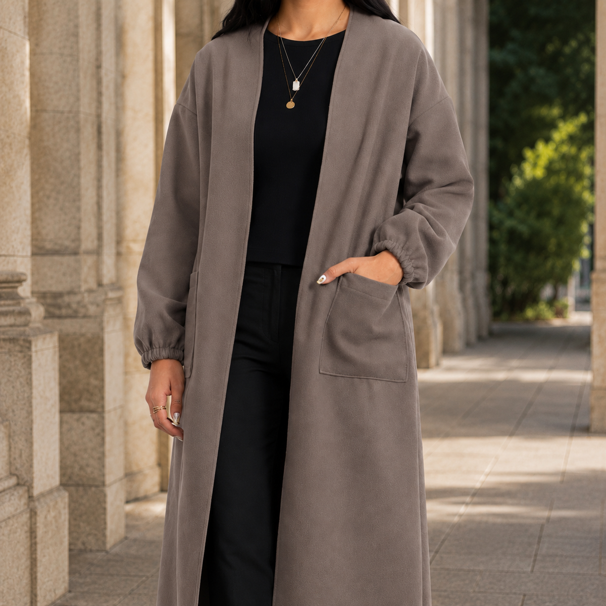 Coat Polyester Waterfall Longline with Collarless Open Front