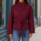 Trench Jacket Polyester Cropped with Funnel Neck and Tie Waist