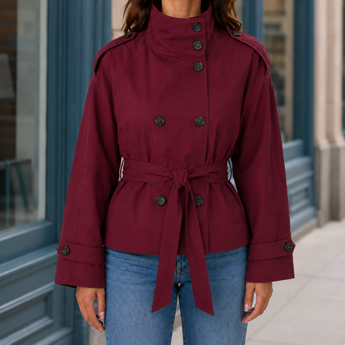 Trench Jacket Polyester Cropped with Funnel Neck and Tie Waist