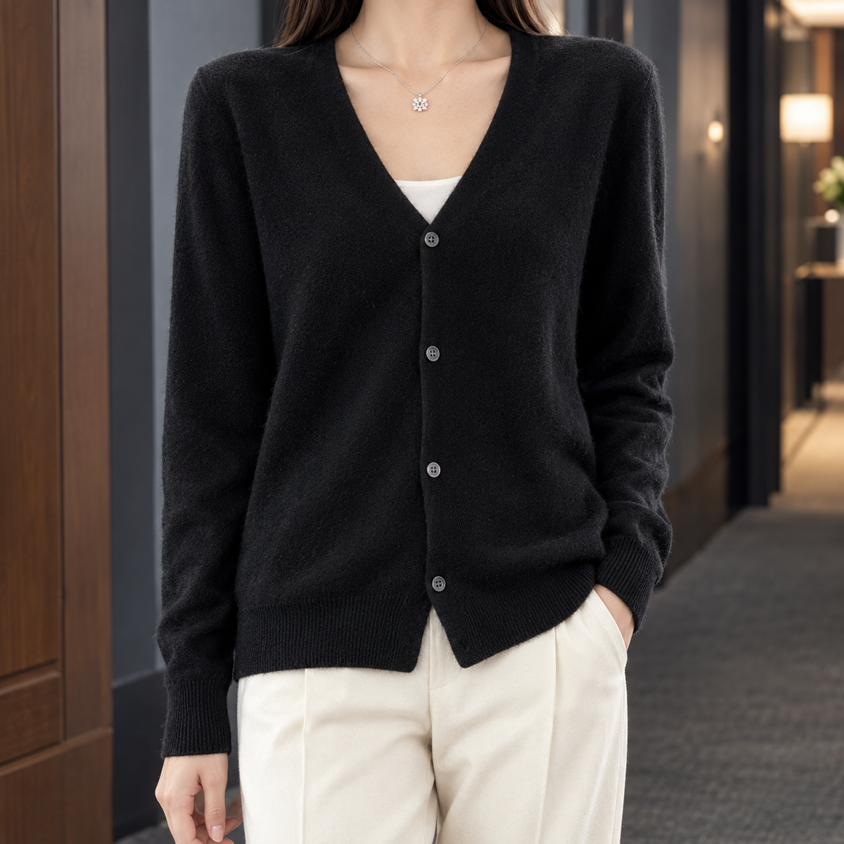 Fine Wool V-Neck Cardigan with Easy Drape