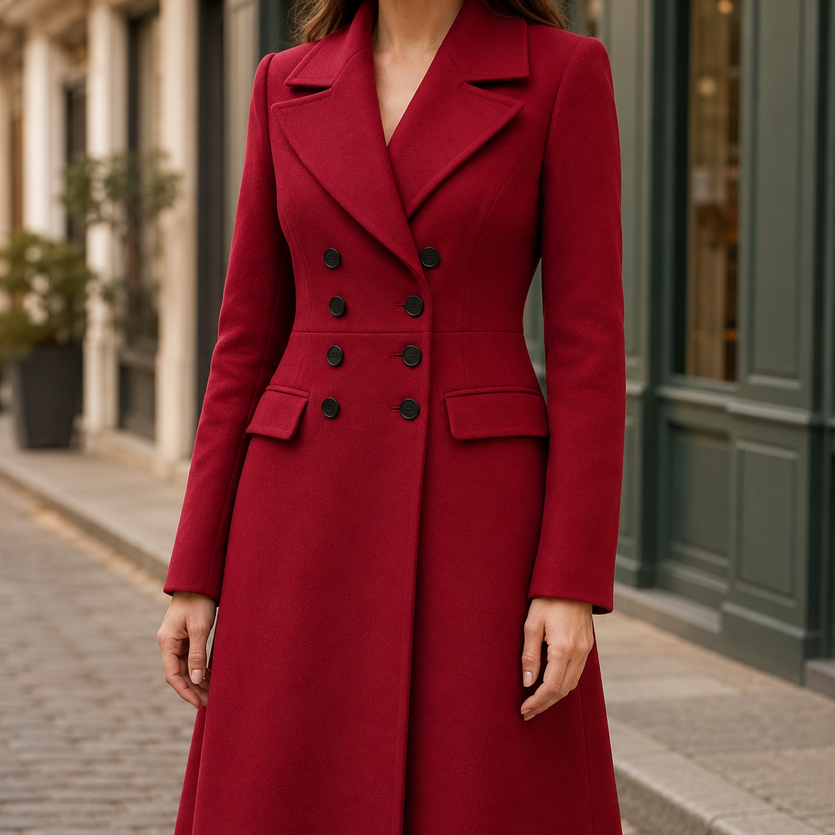 Overcoat Polyester Double-Breasted Maxi with Defined Waist