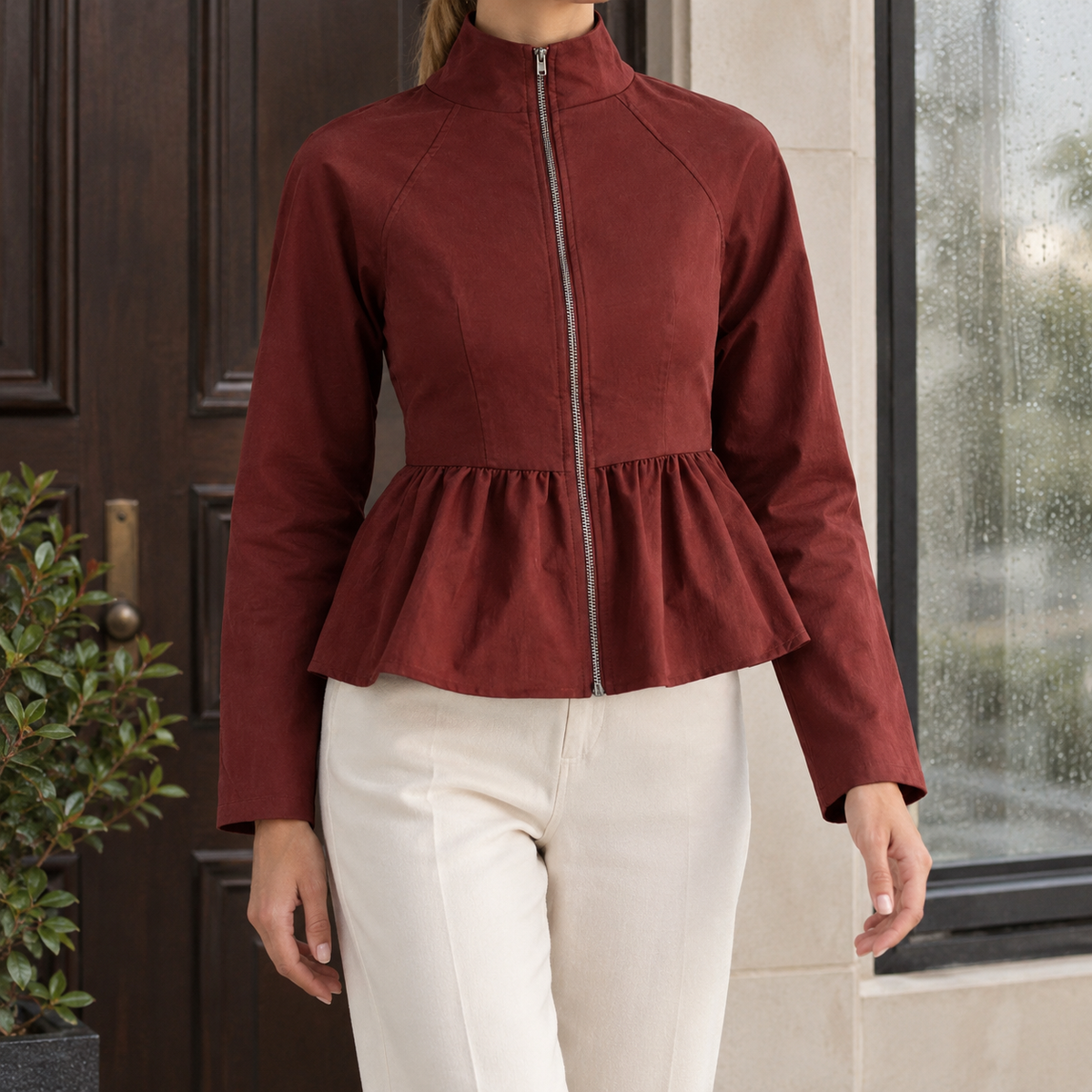 Peplum Jacket Polyester Fitted with High Collar and Full Front Zip