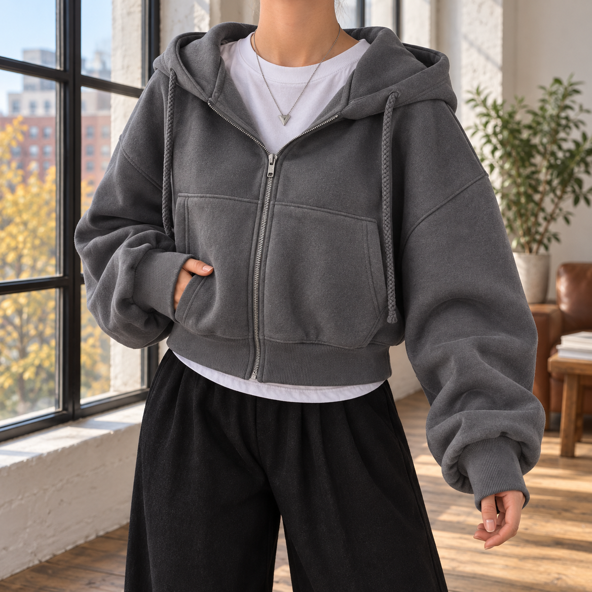 Cropped Fleece-Lined Zip Hoodie