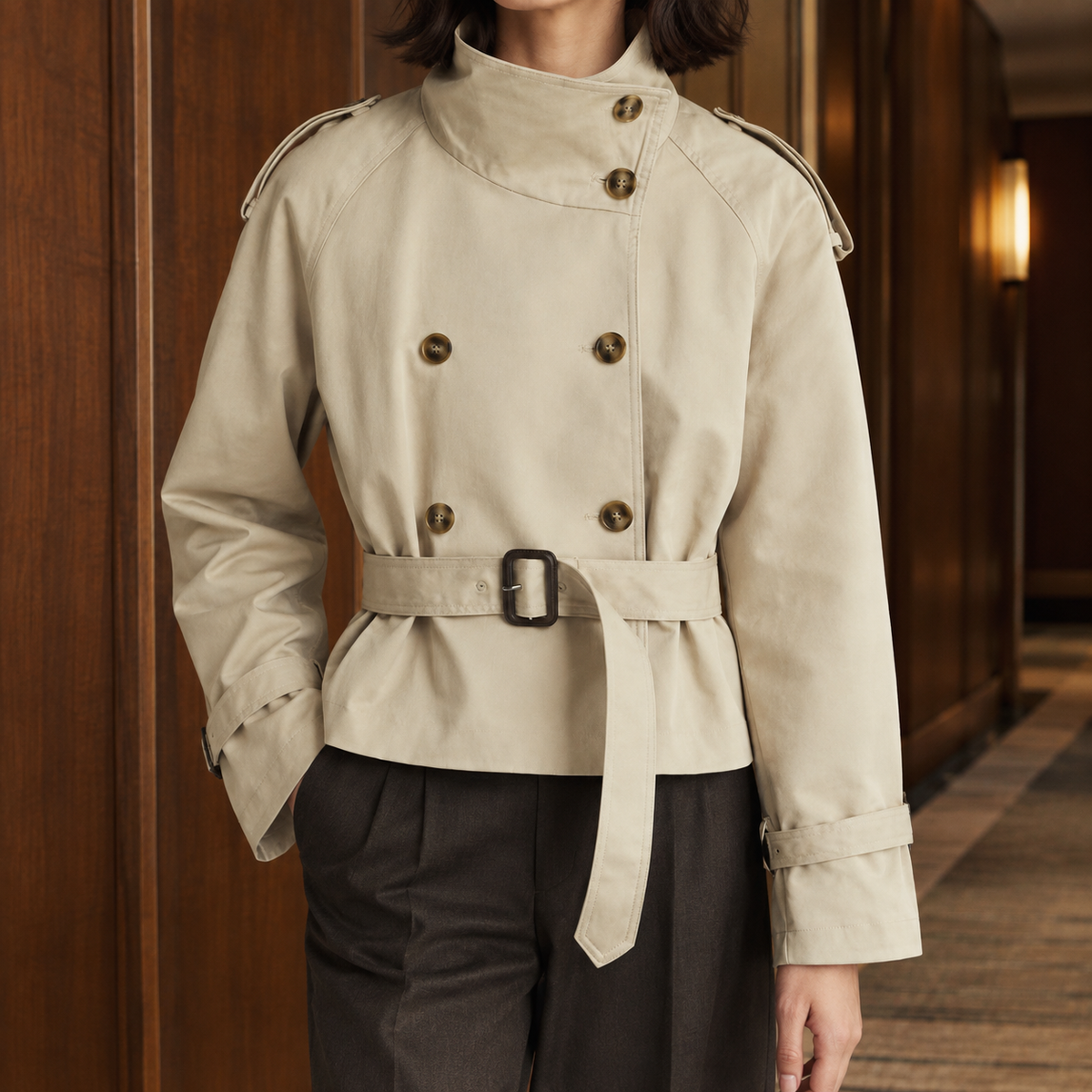 Trench Jacket Polyester Cropped with Funnel Collar and Strapped Cuffs